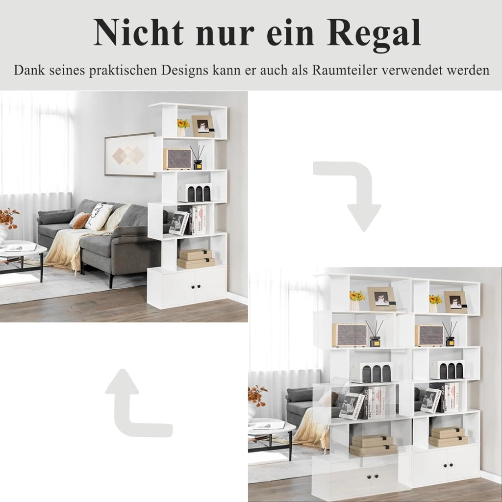Scaffale Libri, 6 Livelli Ripiani con Ante, Minimalismo, Scaffale in Legno Industriale, Organizzatore di Libri, per Salone, Studio e Ufficio, 70 x 23 x 183 cm (Bianco)