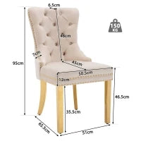 Set di 4 sedie design con decorazioni in rivetti e anelli rotondi unici, imbottite in velluto, 51×65,5×95 cm, Beige