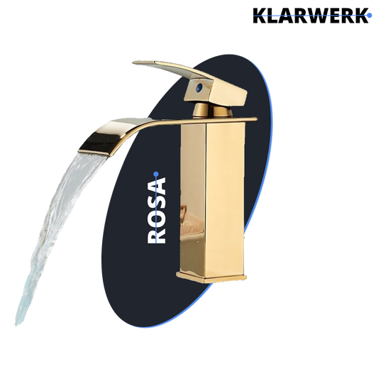 ROSA | Rubinetto da bagno a cascata Premium oro lucido  per lavabo in acciaio inox per catering | Miscelatore lavabo quadrato con rubinetto di design
