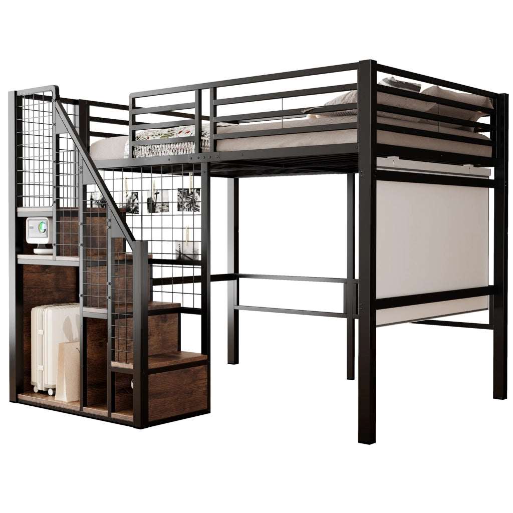 Letto a soppalco singolo 140 × 200 cm con scala, contenitore integrato e barriera, senza materasso, metallo nero