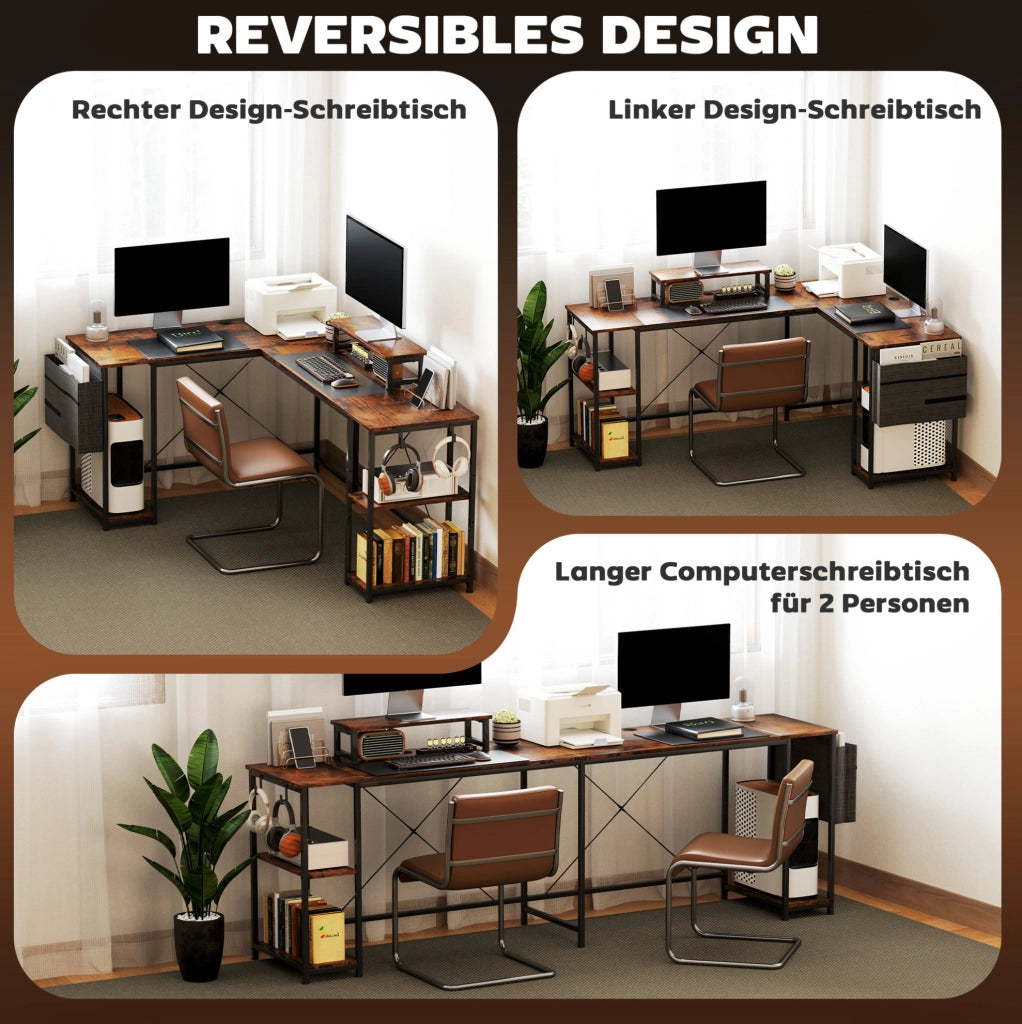 Scrivania angolare 168x120 cm marrone con ripiani e supporto monitor