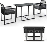 Set di mobili da 3 pezzi, set da tavolo e 2 sedie in rattan PE, set da pranzo con sedie pieghevoli, cuscini estraibili, tavolo in vetro, per giardino, patio, terreza
