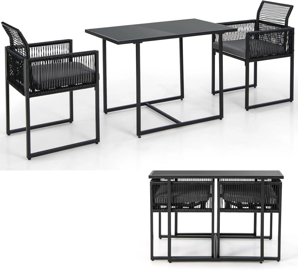 Set di mobili da 3 pezzi, set da tavolo e 2 sedie in rattan PE, set da pranzo con sedie pieghevoli, cuscini estraibili, tavolo in vetro, per giardino, patio, terreza
