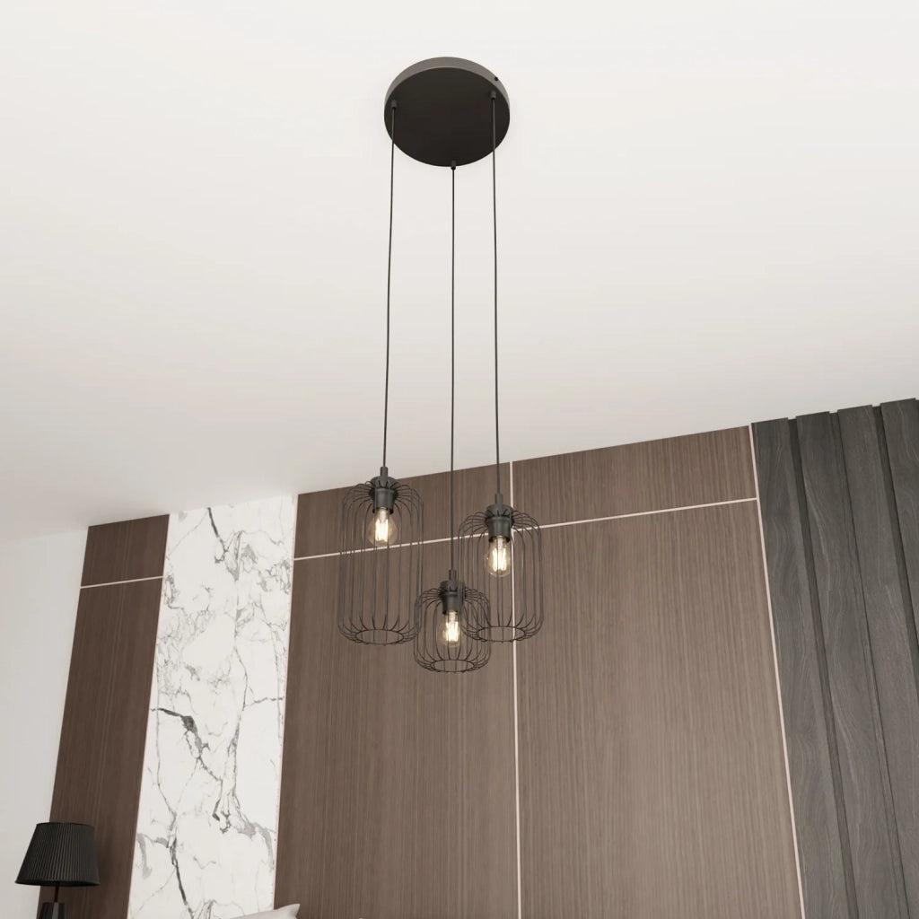 Sospensione Minimal Industrial Minerva 3 Luci Tonda Nera