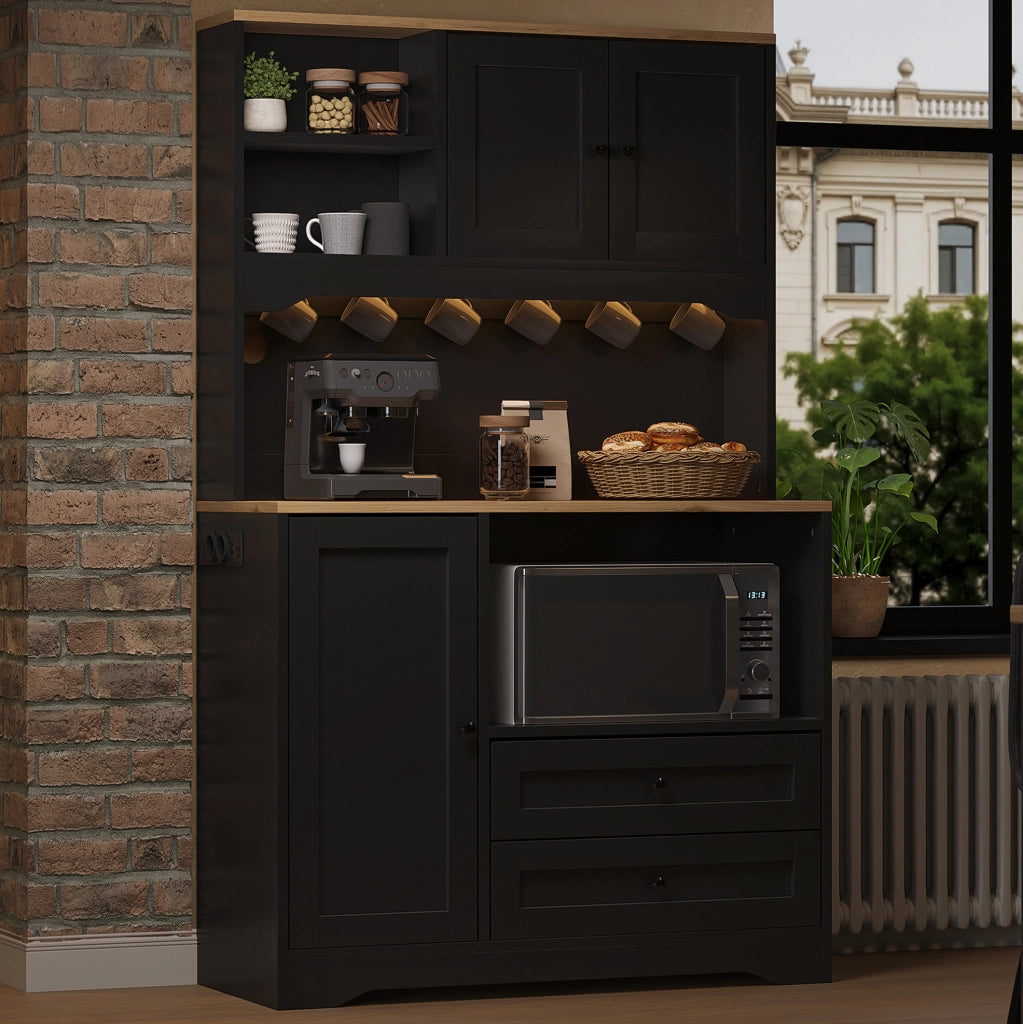 Credenza cucina nera 100×40×163 cm con LED, presa USB e vano microonde