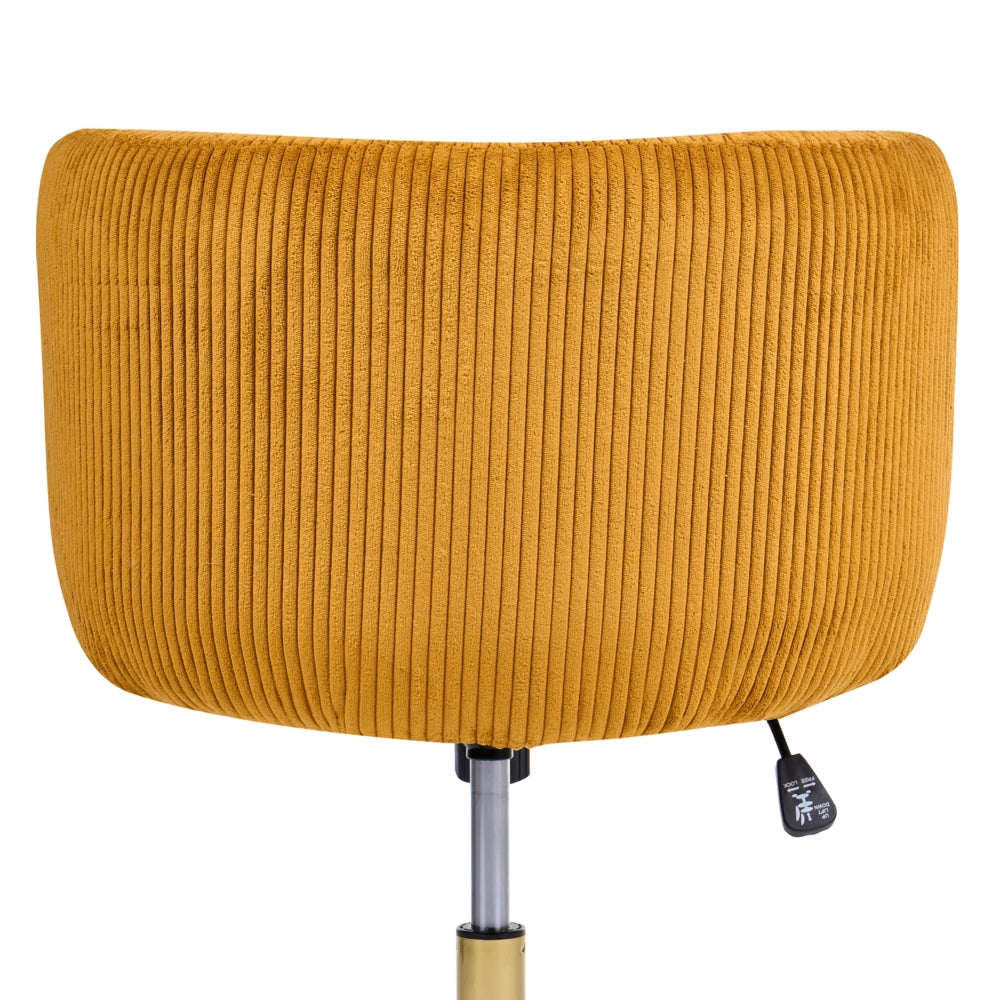 Sedia da scrivania per l'ufficio domestico in velluto a coste color senape con base girevole in ferro, schienale reclinabile, regolazione in altezza, stile retrò