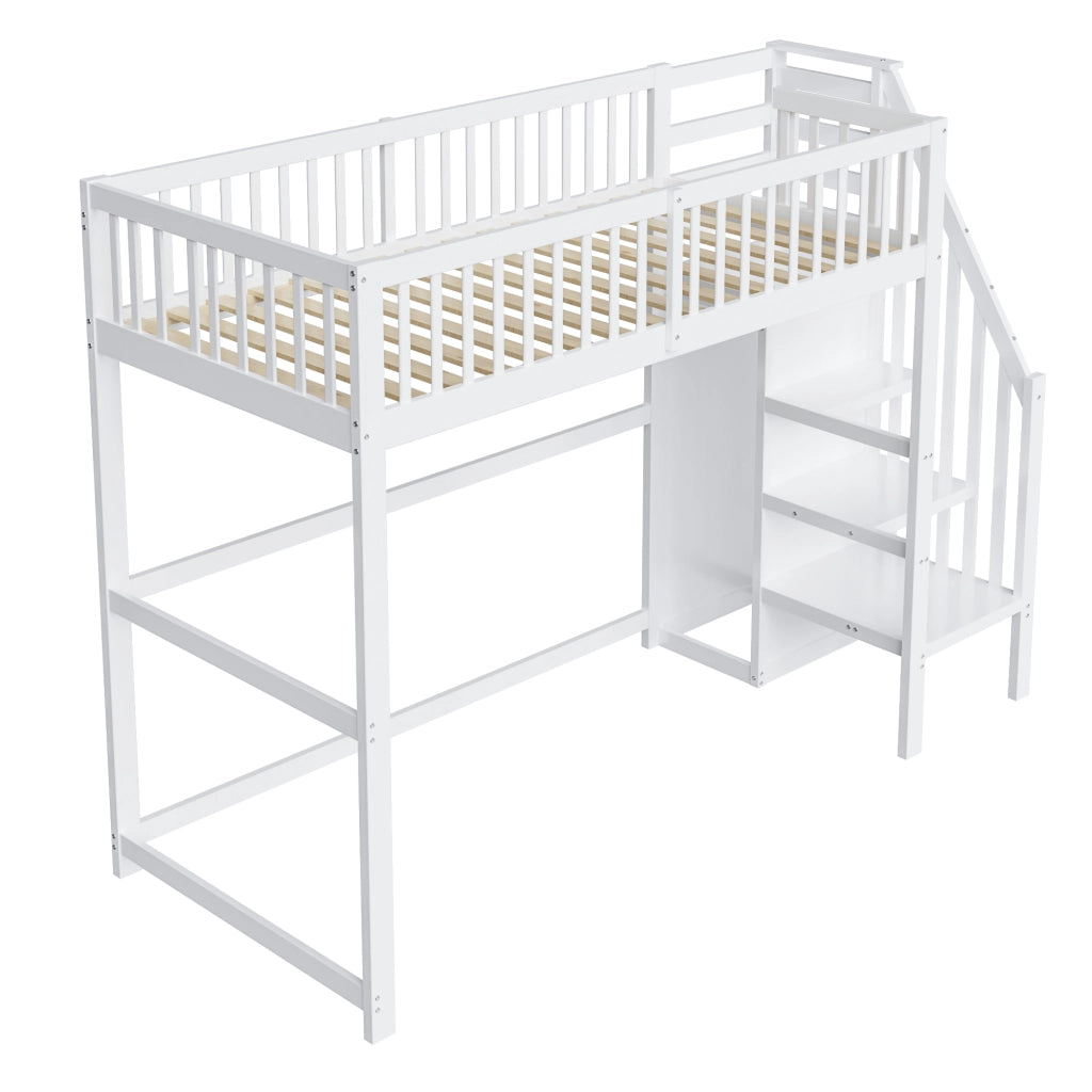 Letto a soppalco 90x200 cm in legno massiccio bianco con scala di sicurezza e armadio integrato