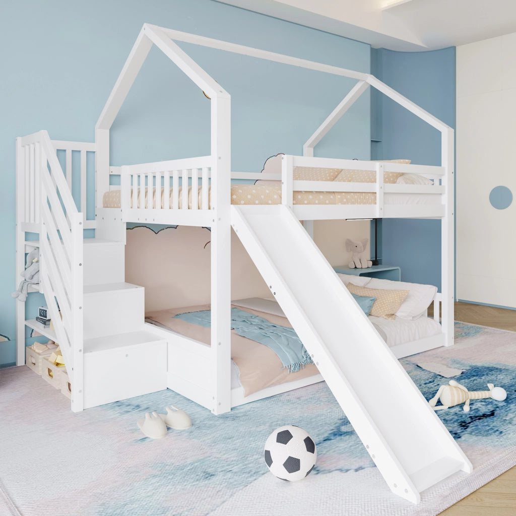 LETTO a castello 140x200 cm con scivolo, scala contenitore, bianco