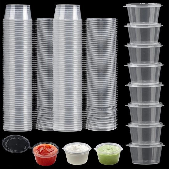 Contenitori di Stoccaggio per Salse - 100 Pezzi, 50 ml - Contenitori in Plastica con Coperchio - Contenitori di Conservazione Imprigionati