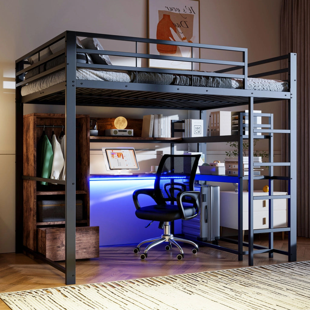 Letto a castello nero in metallo e MDF con illuminazione LED scrivania e cassetti 140x200 cm