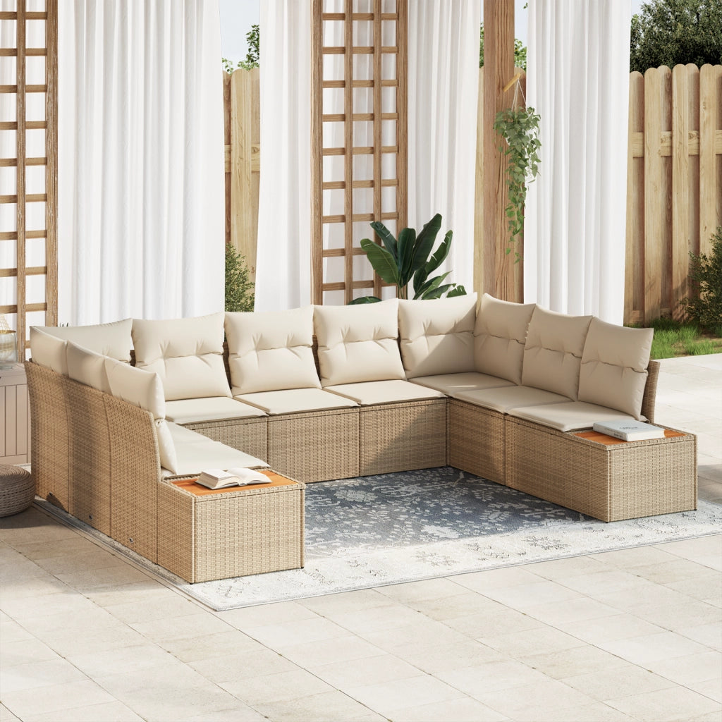 Set di Divani da Giardino da 9 Pezzi con Cuscini Beige in Polyrattan e Acacia
