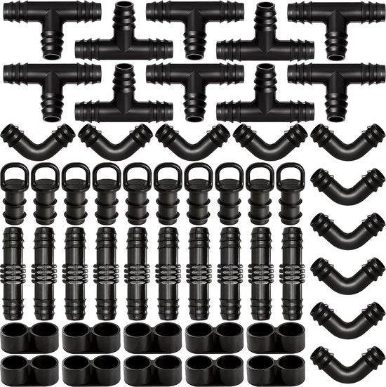 Kit di Connettori di Irrigazione a Goccia per 16mm Tubi, 50 Pezzi, Connettori per Irrigazione a Goccia con Fili di Sicurezza per Giardino, Prato, con Connettori, T, Biforcazioni, Chiavi e Terminali di Fine