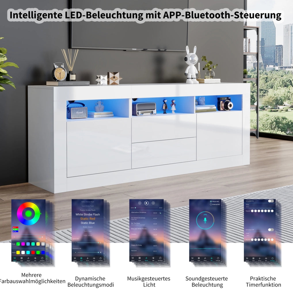 Mobile TV bianco lucido con LED, 2 ante e 2 cassetti