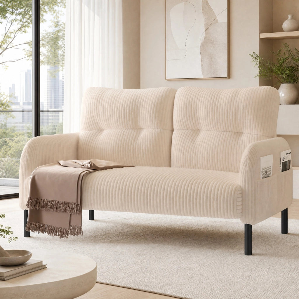 Divano 2 Posti con Schienale Ergonomico e Tasca Laterale, in Velluto a Coste Beige 120 × 75 × 79 cm