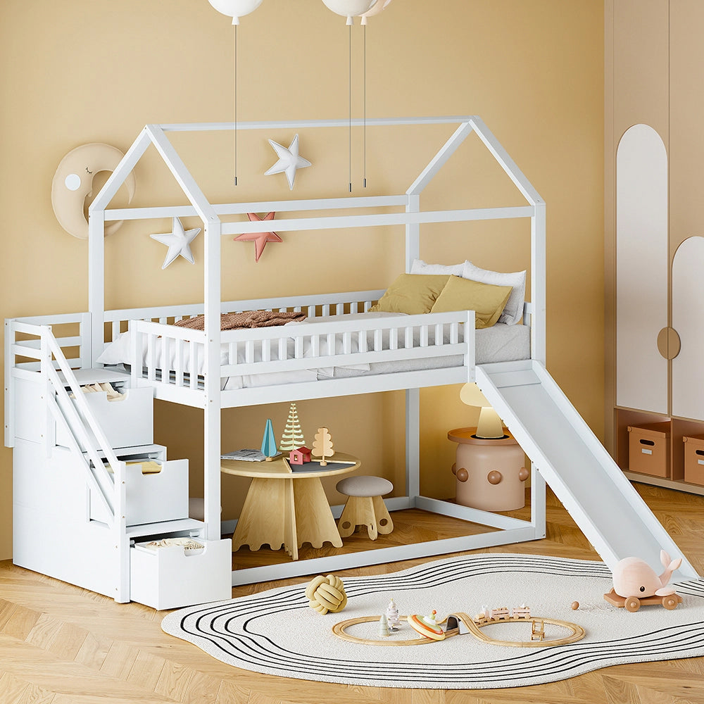 Letto a castello per bambini con scivolo - Xylo - 90x200 cm - Bianco - Scala di stoccaggio