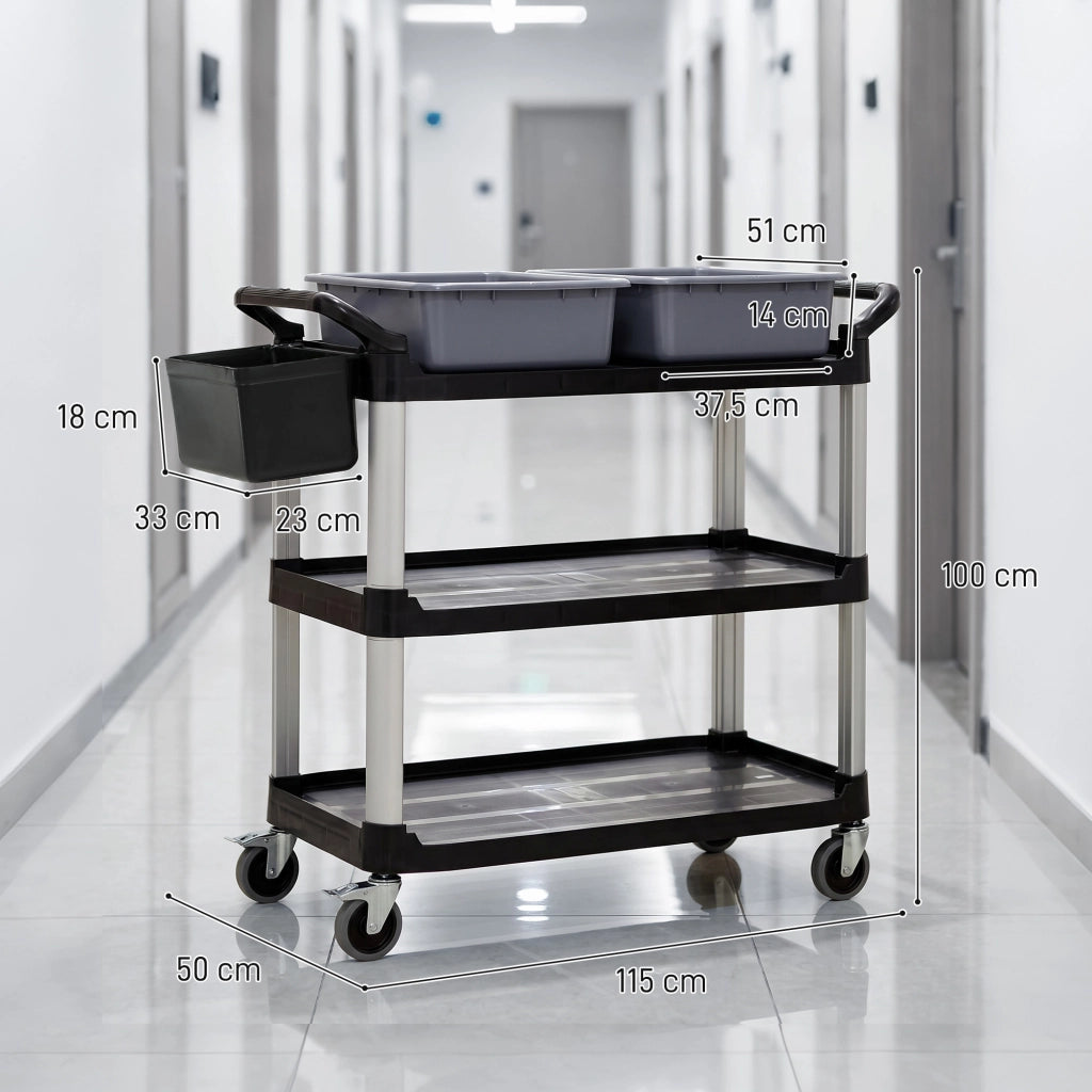 Carrello per Pulizie con 3 Ripiani 2 Contenitori e Secchio Laterale ¨C zephmum ¨C Nero 100 kg