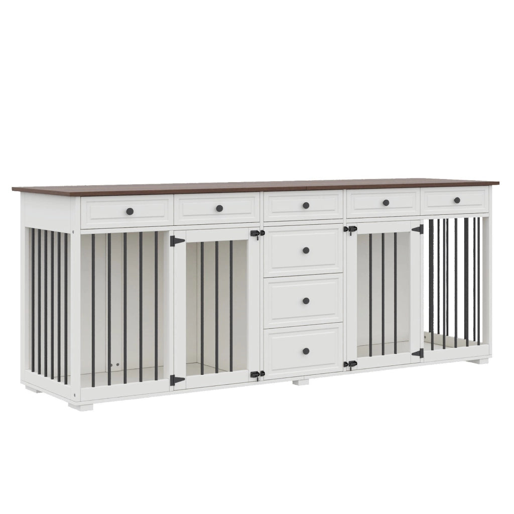 Mobile Gabbia per 2 Cani 200×60×85 cm con 8 Cassetti; Struttura MDF e Metallo; Bianco e Noce