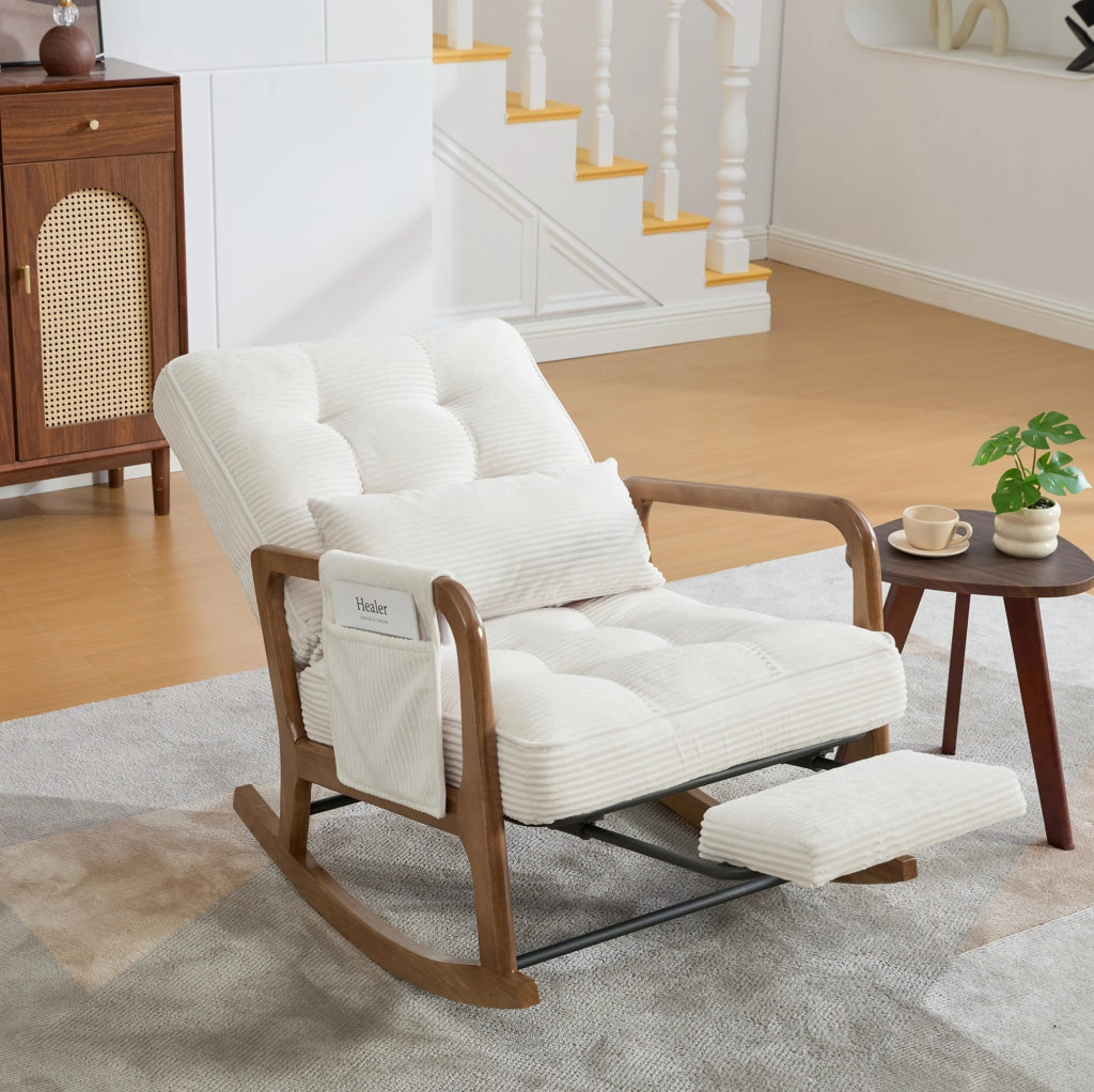 Sedia a dondolo con poggiapiedi in corduroy beige; schienale reclinabile a 3 posizioni; 70x80x92 cm