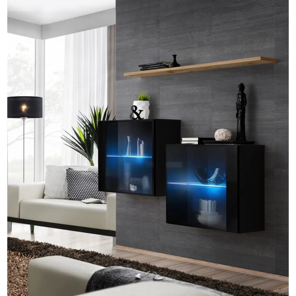 Set salotto SWITCH SBIII nero lucido, porta in vetro con LED integrato, scaffale in quercia Wotan, moderno