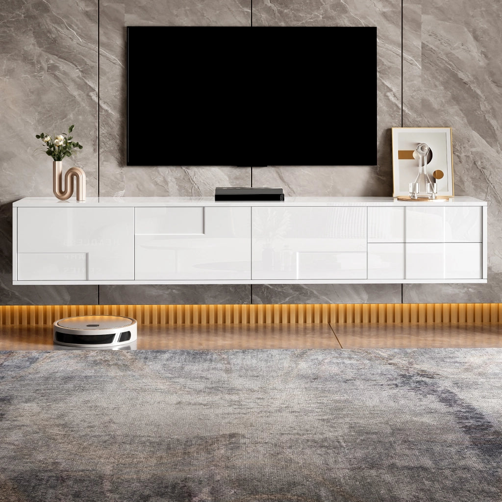 Mobile TV con 3 Ante e 2 Cassetti; Frontali Senza Maniglie; Finitura Lucida; 170??30??30;5 cm; in MDF; Bianco