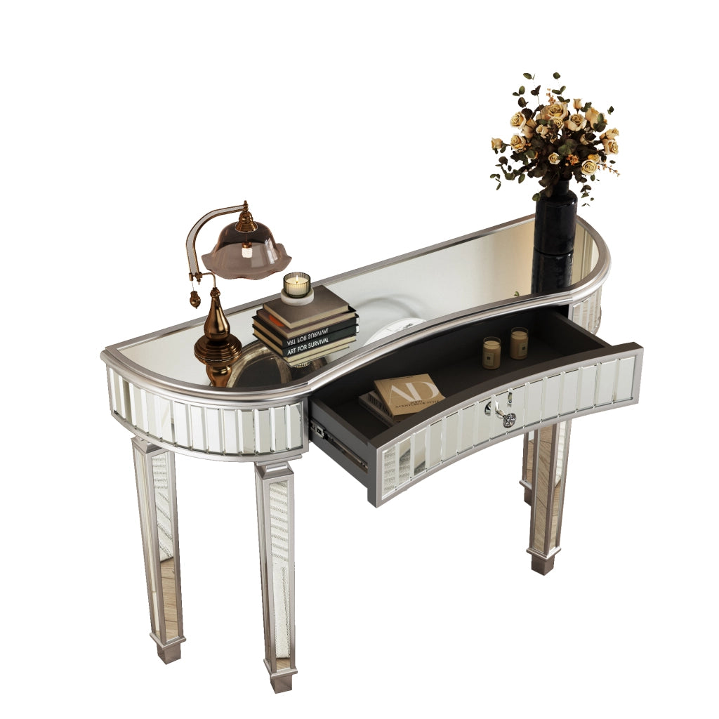 TAVOLO CONSOLLE MEZZALUNA 120 cm Grigio Argento in MDF e Vetro con Cassetto