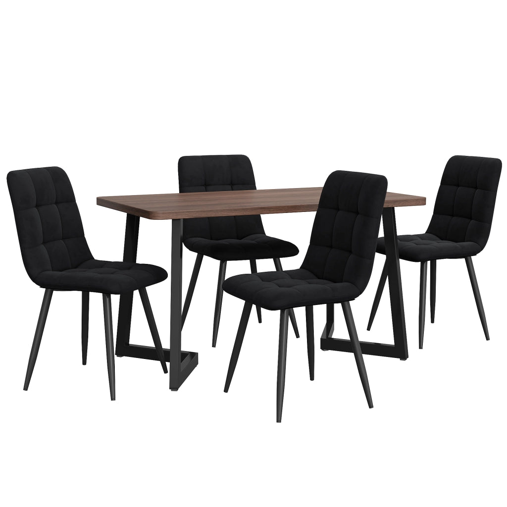 Set Tavolo da Pranzo con 4 Sedie ¨C Xylo ¨C Legno Noce, Gambe Metallo Nero, Velluto