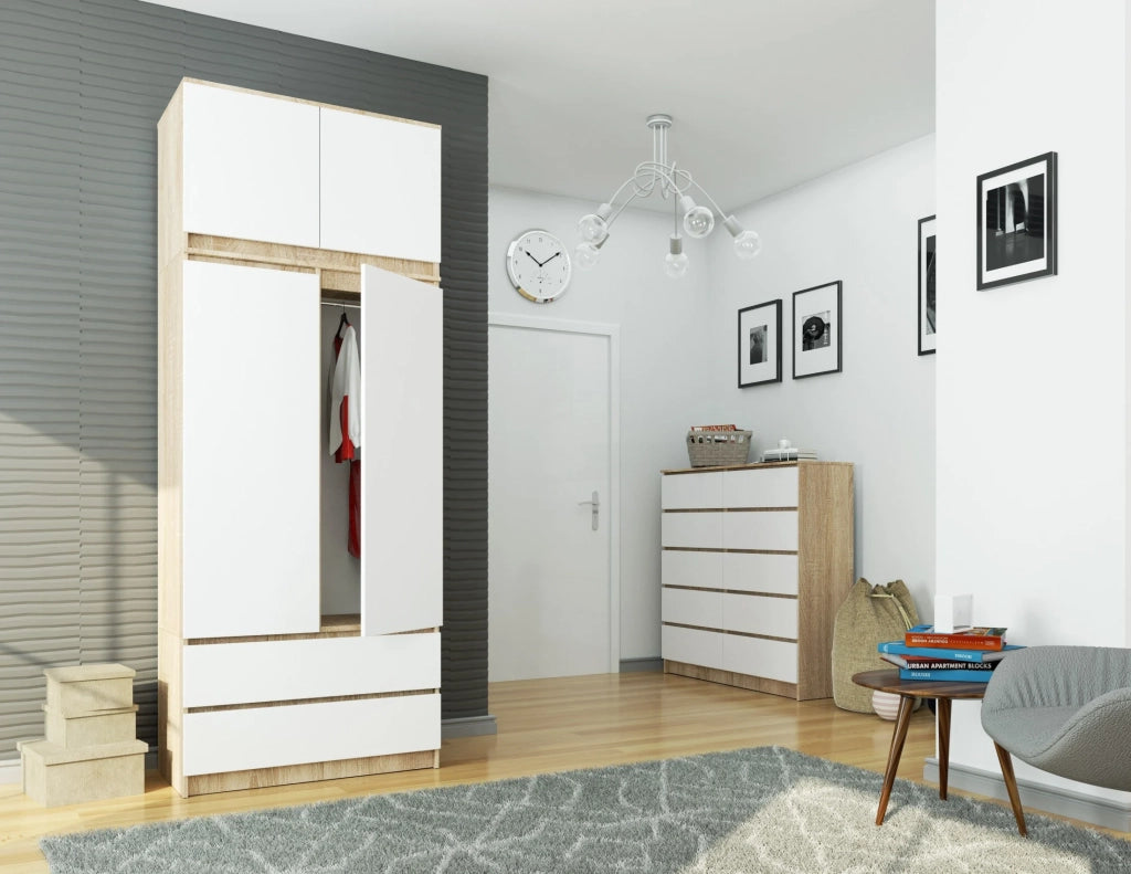 Armadio AKORD S90 con sopralzo Sonoma Quercia 90 cm 2 ante 2 cassetti inserto frontale Bianco 90x51x234 cm