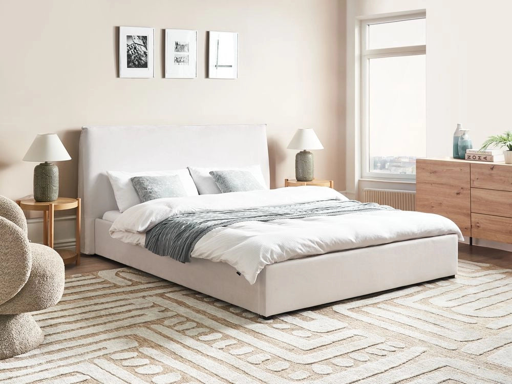 Letto matrimoniale imbottito velluto bianco sporco 160 x 200 cm grande testata classica