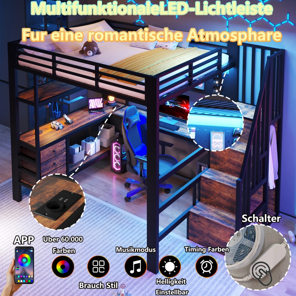 DESMIU Letto a soppalco 140 × 200 cm 1 posto con scrivania, cassetti, LED e presa, senza materasso, nero