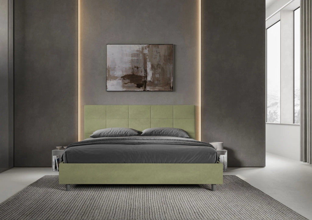 Letto Matrimoniale King Size 180x200 cm con Rete Imbottito in Microfibra Mika Tè Verde