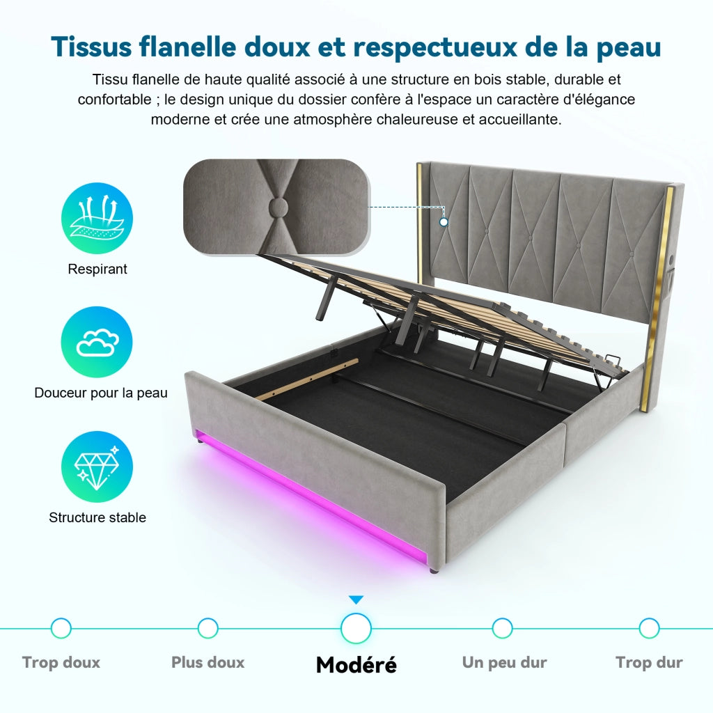 Letto contenitore 180 × 200 cm con testiera alta, USB e Type-C, LED regolabile, senza materasso, in velluto, grigio