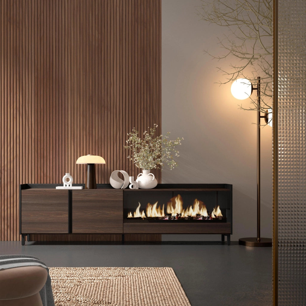 Mobile TV Soggiorno, 212x61x35 cm, Per TV fino a 80", Camino elettrico XXL, Design industriale, Rovere scuro e Nero