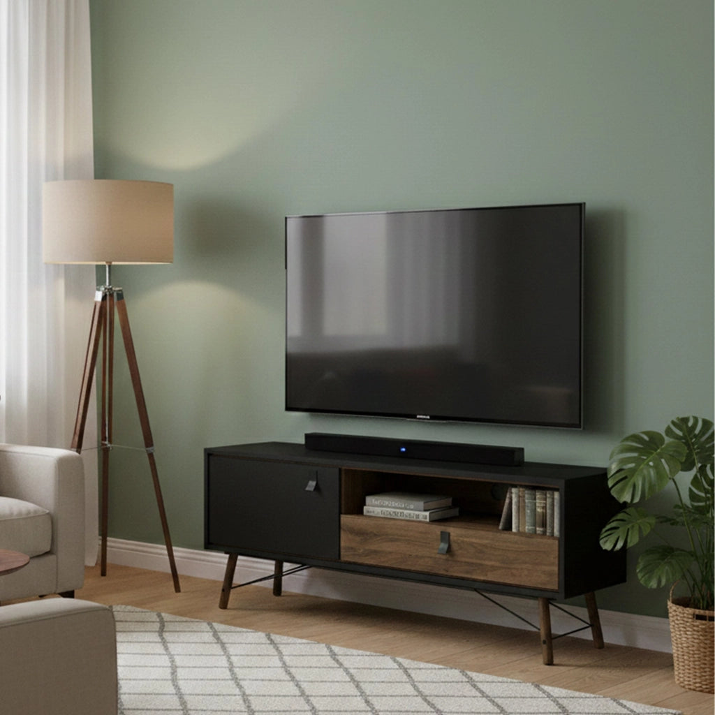 Mobile porta TV Antoine, Credenza da soggiorno, Armadio basso per TV, Base parete attrezzata, 150x40 h60 cm, Nero e Noce