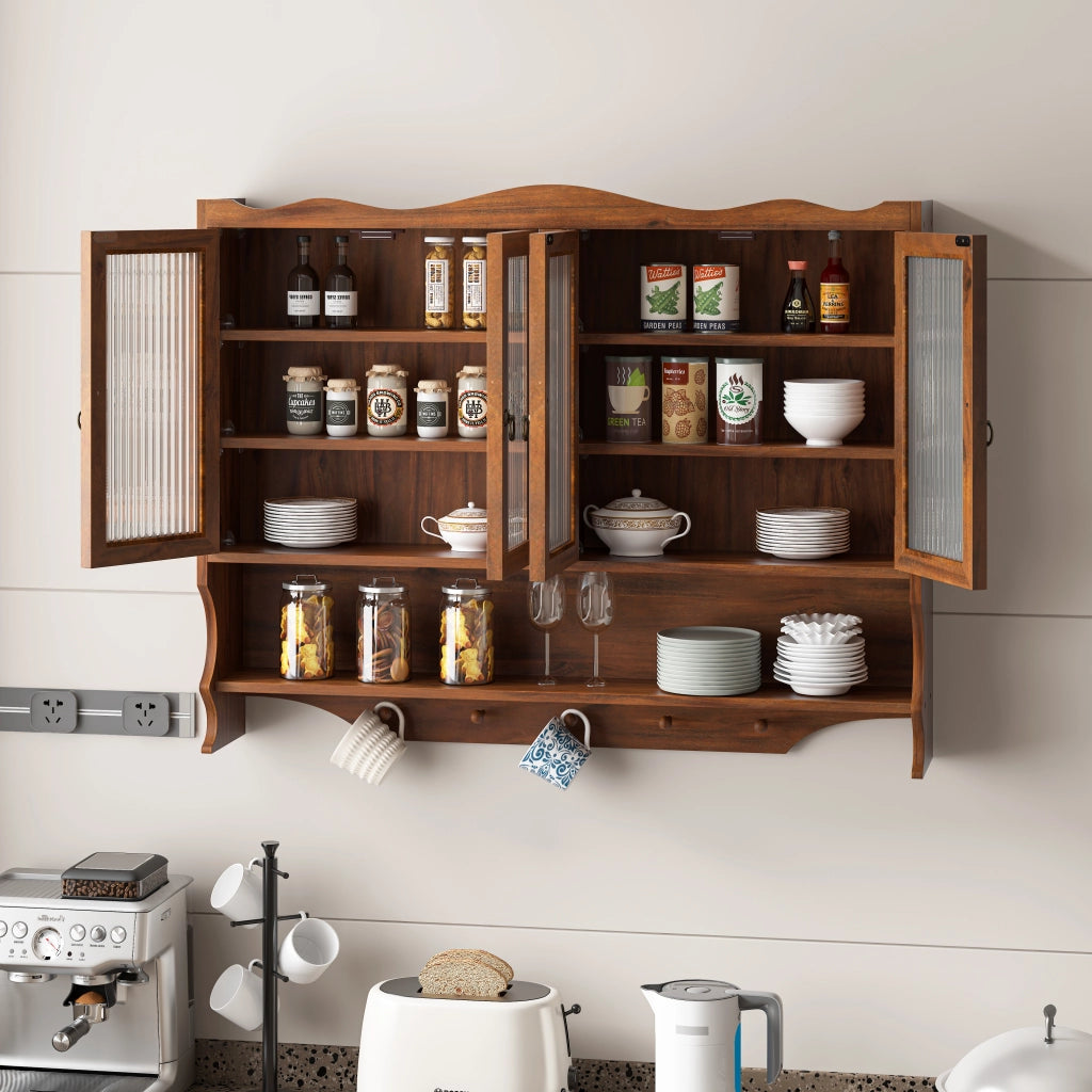 Pensile da Parete con 4 Ante e Ripiani Rimovibili; con Barra Porta Ganci; Stile Retrò; in Legno Massello e Vetro; 100×20×80 cm; Marrone