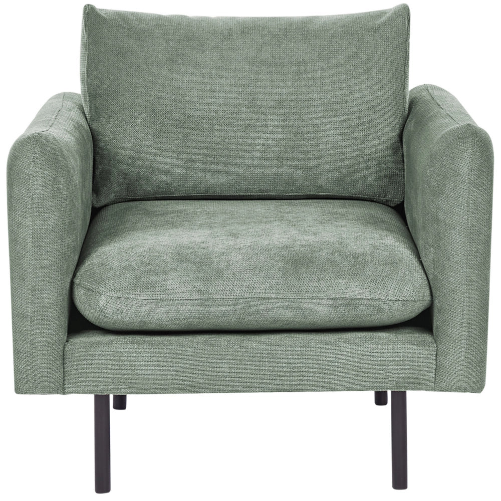 Set da salotto con divano 3 posti e poltrona  imbottita in tessuto ciniglia verde chiaro e gambe nere Stile Retrò Moderno