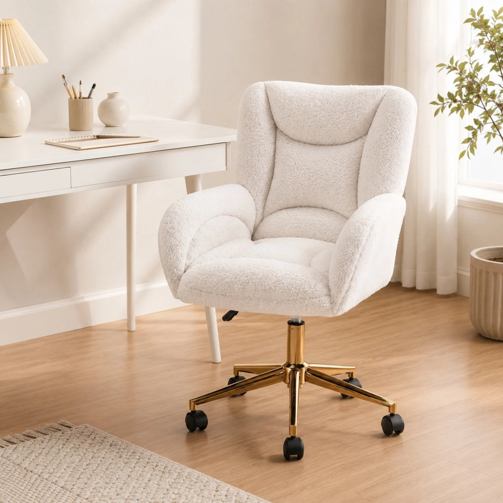 Sedia da ufficio regolabile in altezza in tessuto Teddy bianco con base dorata