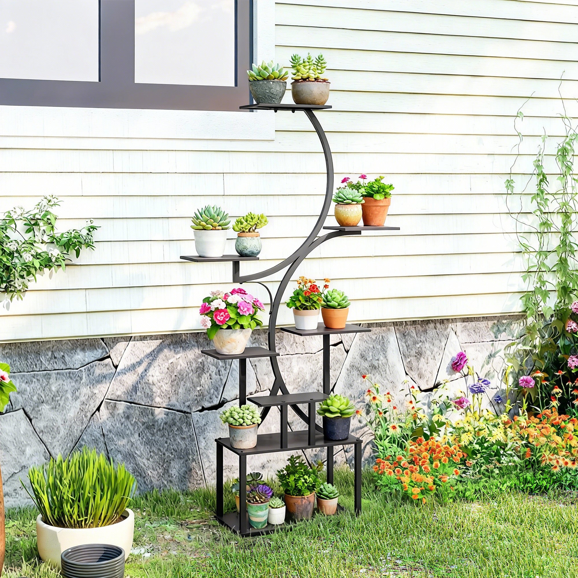 Portapiante a 8 Livelli 74x26x158,5 cm con Design a S per Interni ed Esterni in Metallo Nero