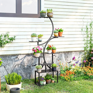 Portapiante a 8 Livelli 74x26x158,5 cm con Design a S per Interni ed Esterni in Metallo Nero