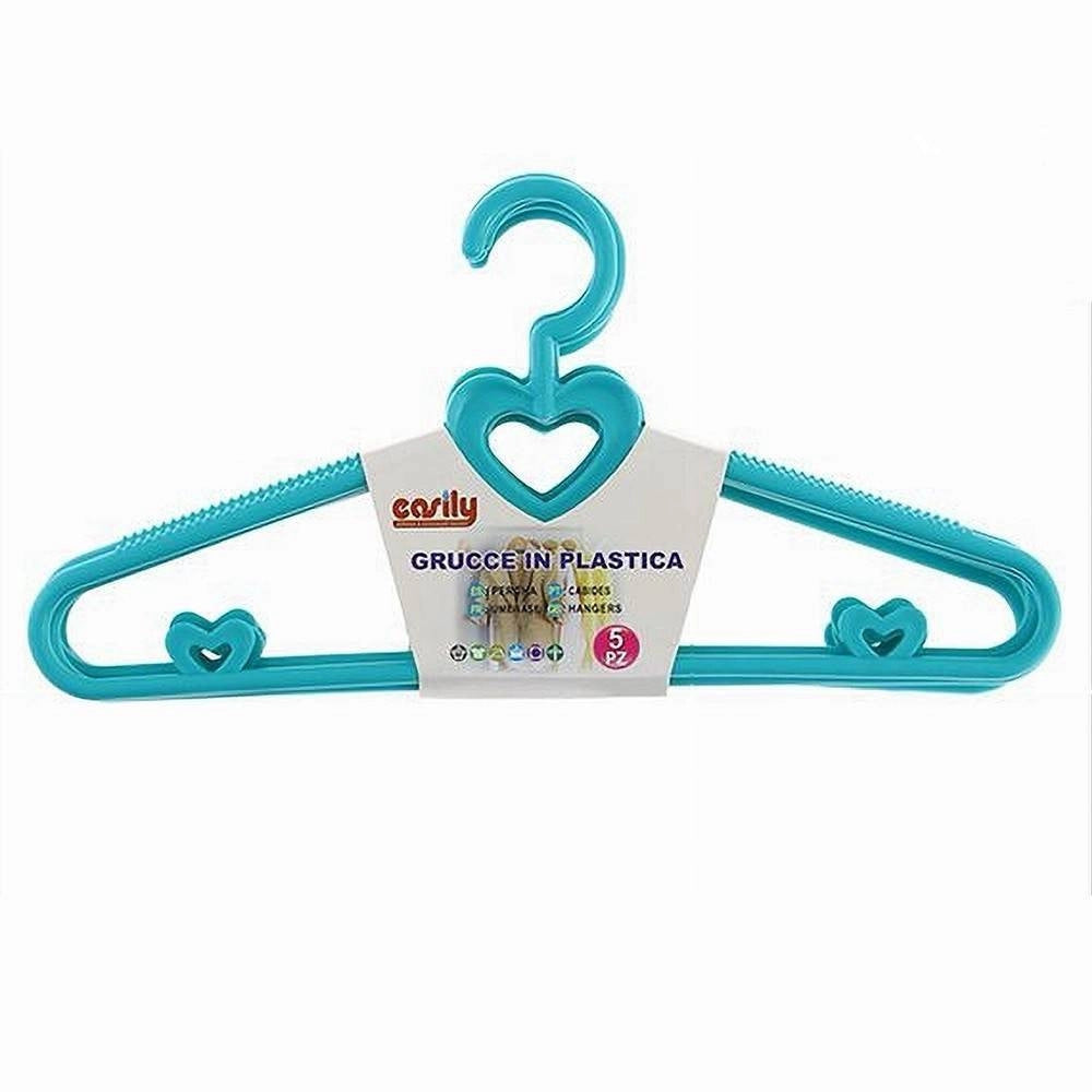 Trade Shop - Set 5 Pz Grucce Stampelle Con Cuori Appendiabiti Plastica Celeste Vestiti 87678 -