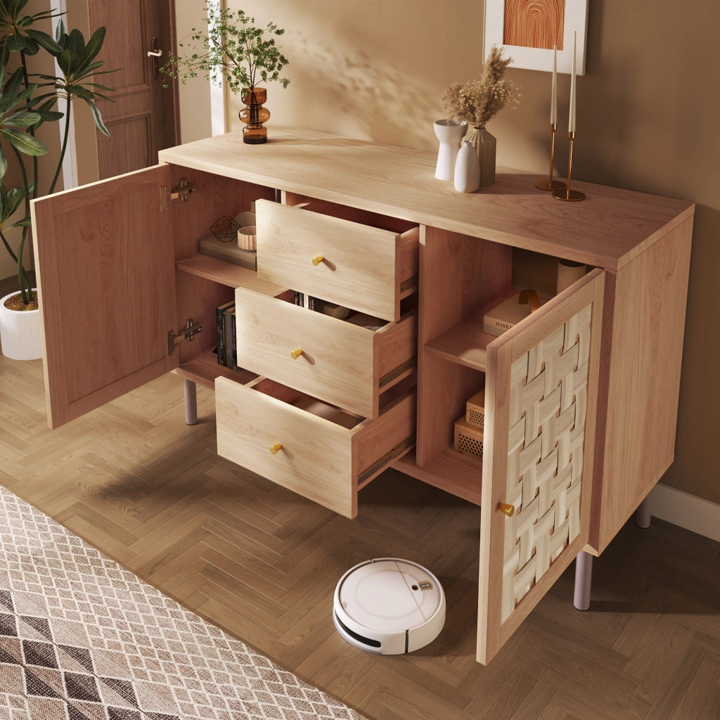 Credenza in stile country 120x40x75 cm rovere con 2 ante, 3 cassetti e ripiani regolabili