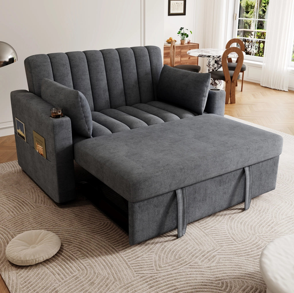 Divano letto 2 posti 136x162x84 cm in tessuto grigio con portabicchieri