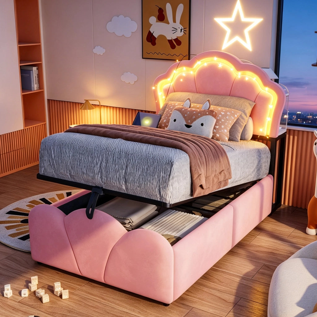 LETTO imbottito 90x200 cm in velluto rosa con LED, prese e contenitore idraulico