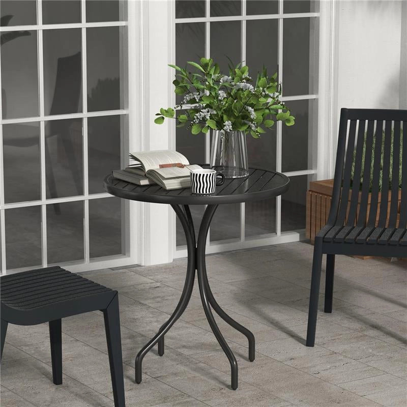 TAVOLO DA GIARDINO ROTONDO CON PIANO A DOGHE IN ACCIAIO, Ø66X71.5CM, NERO