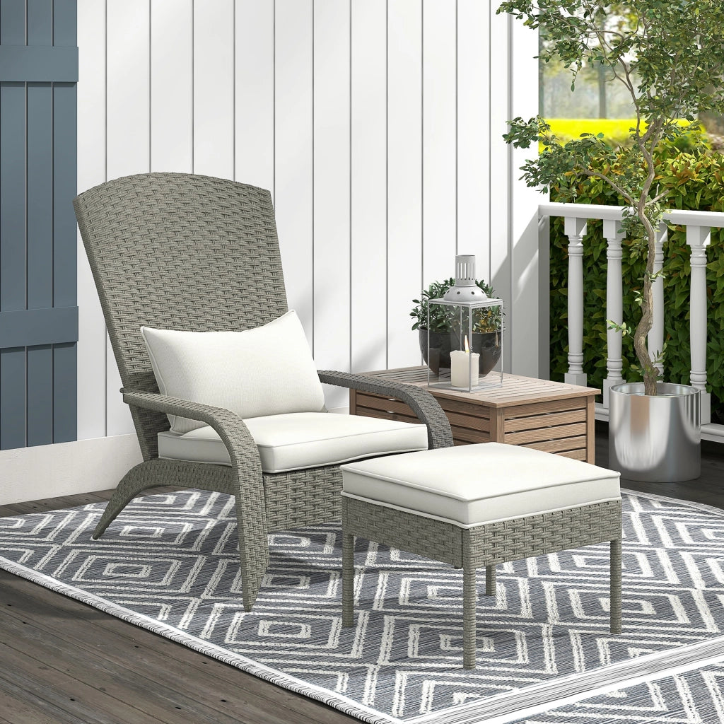 Sedia da Giardino con Poggiapiedi e Cuscini ¨C zephmum ¨C Rattan, Acciaio, Grigio e Crema, 64x82x89 cm