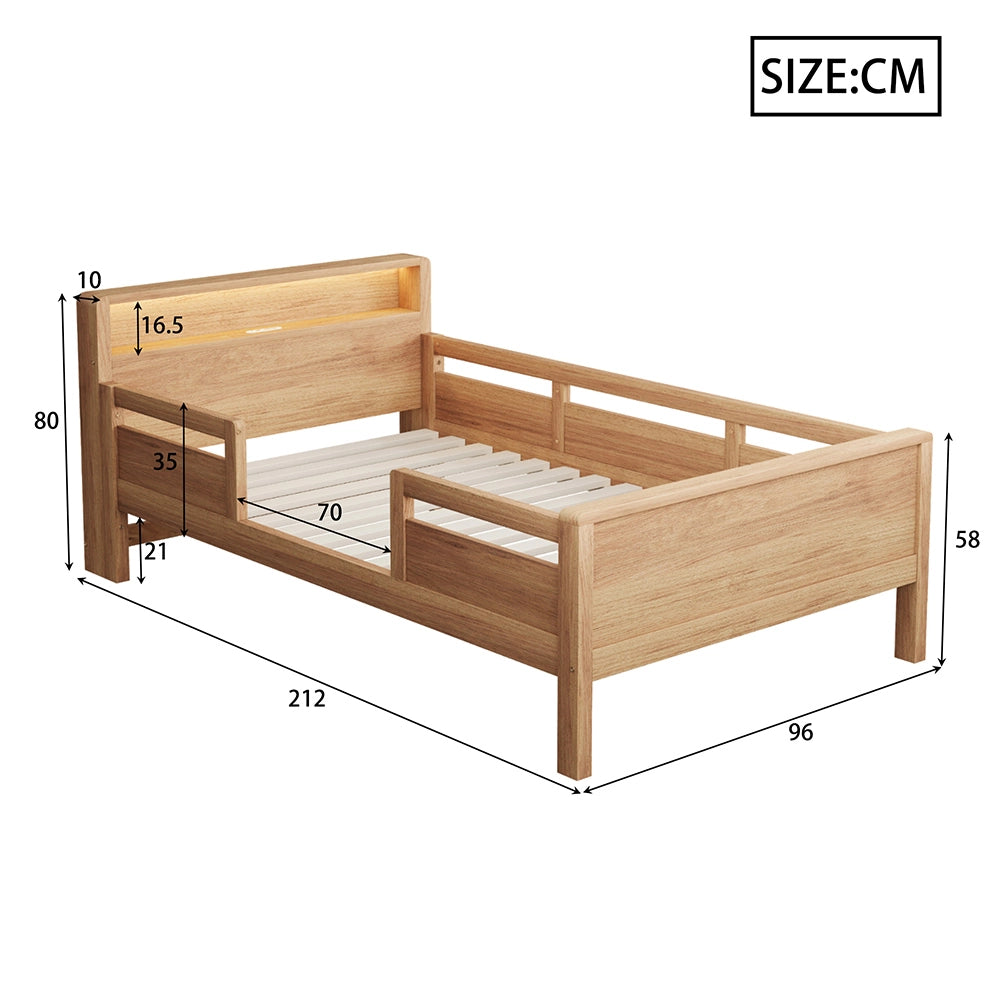 Letto bambino-Xylo-90x200 cm-USB-C, LED, testiera contenitore, legno pino