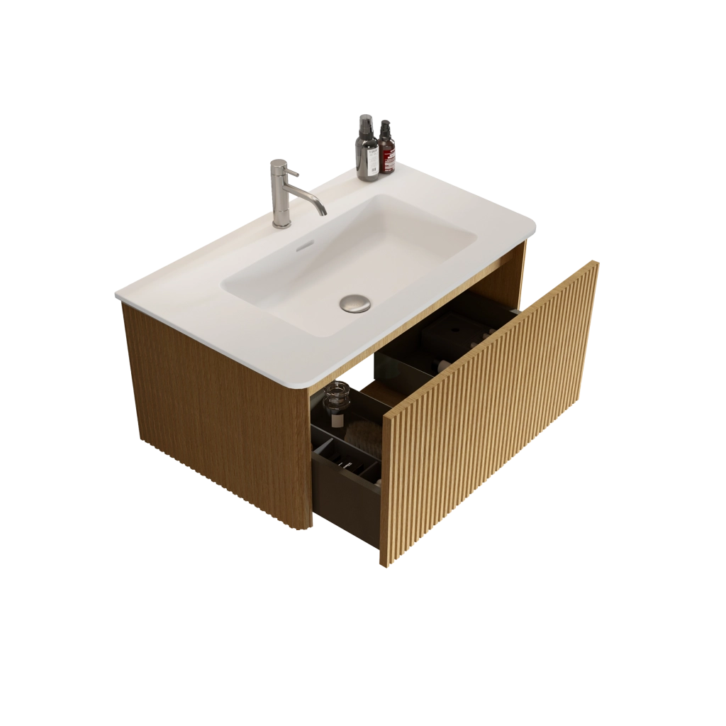 Mobile bagno sospeso 80 cm rovere; MDF con lavabo in Solid Surface