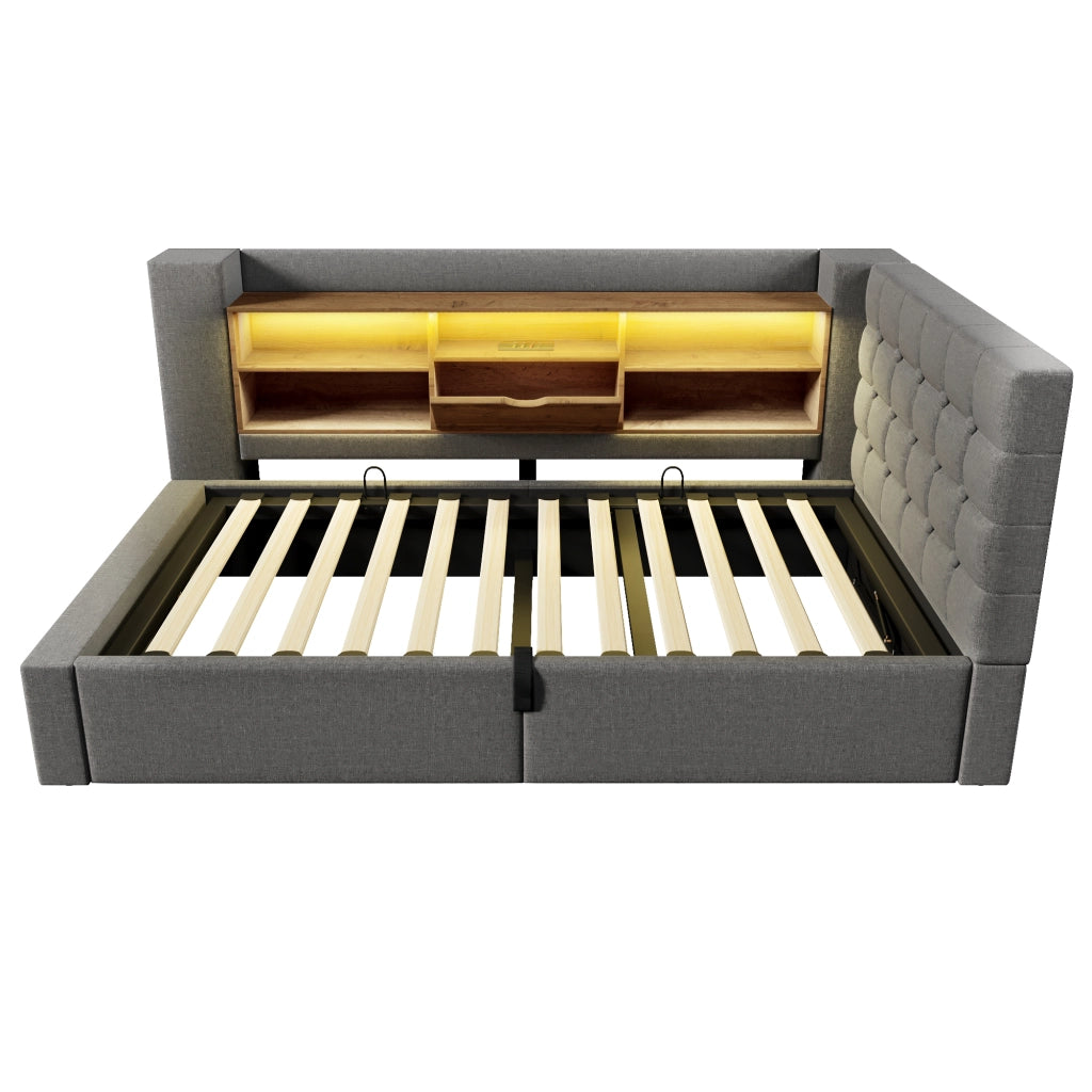 Letto singolo 90x200cm con LED, contenitore idraulico, testiera L reversibile, grigio