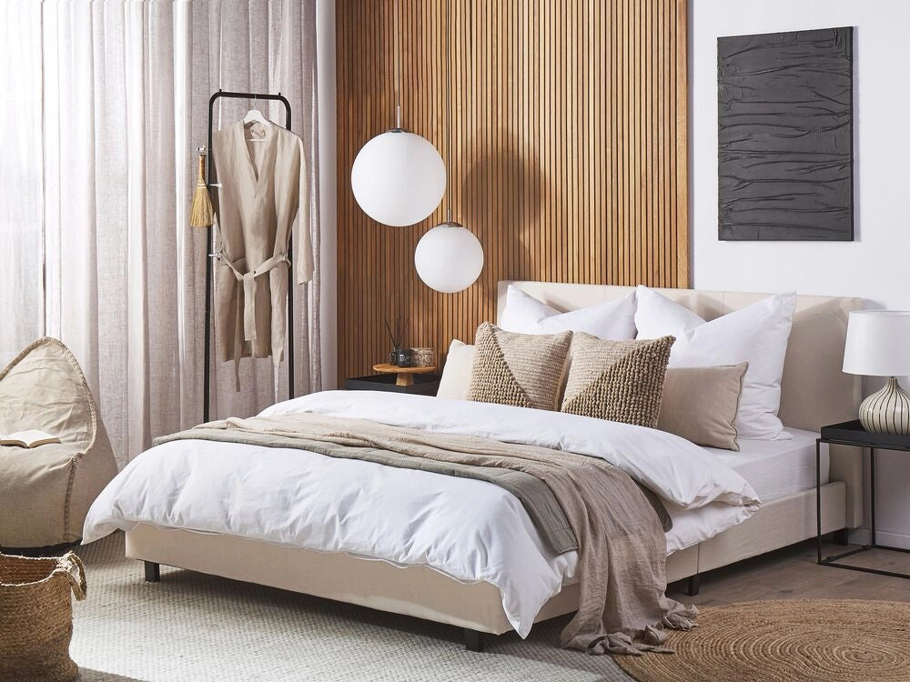 Letto a doghe Tessuto in poliestere beige imbottito 160 x 200 cm Design moderno
