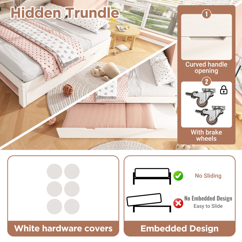 OKWISH Letto a Divano Estraibile Letto Singolo, Contenitore, USB, Tipo C e Mensole 90×200 cm e 90×190 cm, senza Materasso, in Legno, Bianco