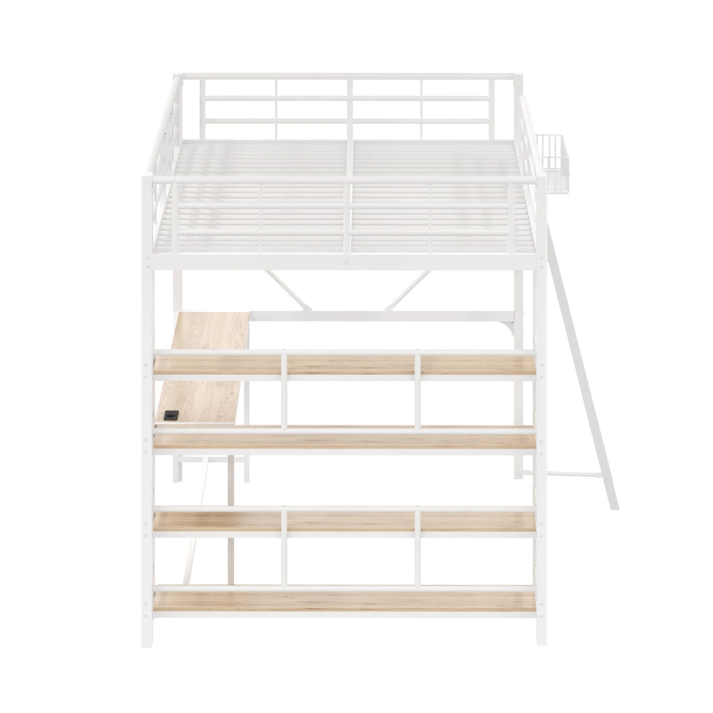 Letto a soppalco 140 × 200 cm con scrivania integrata, 4 ripiani, LED e USB, senza materasso, bianco
